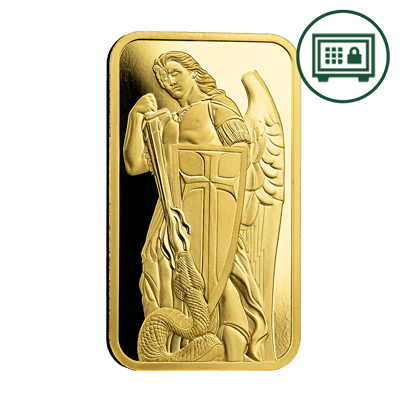 A picture of a 1 oz Archangel Michael Gold Bar (PAMP Suisse x Scottsdale Mint) - Secure Storage